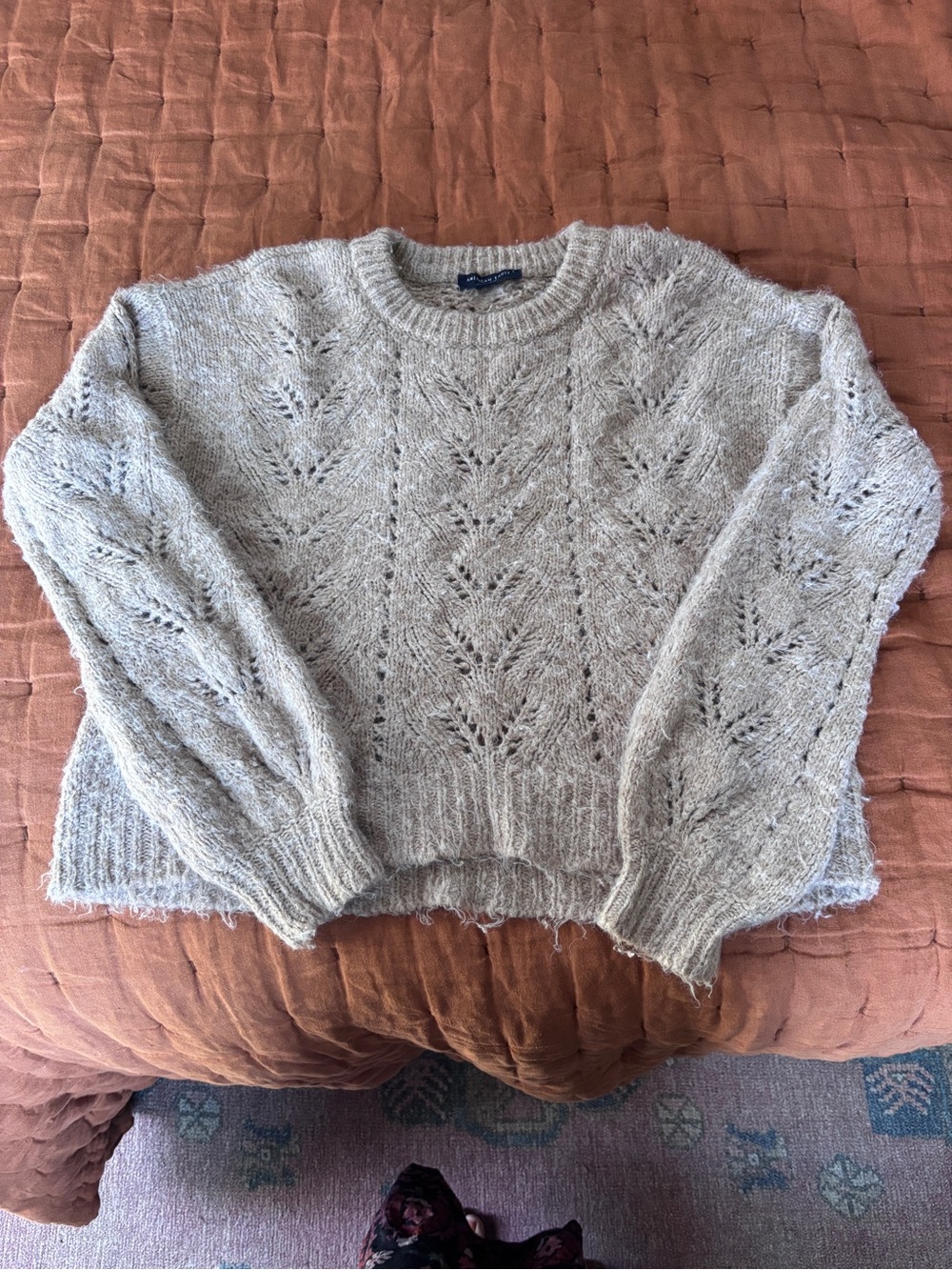 American Eagle Outfitters Light Gray Open-Knit Crewneck Sweater
